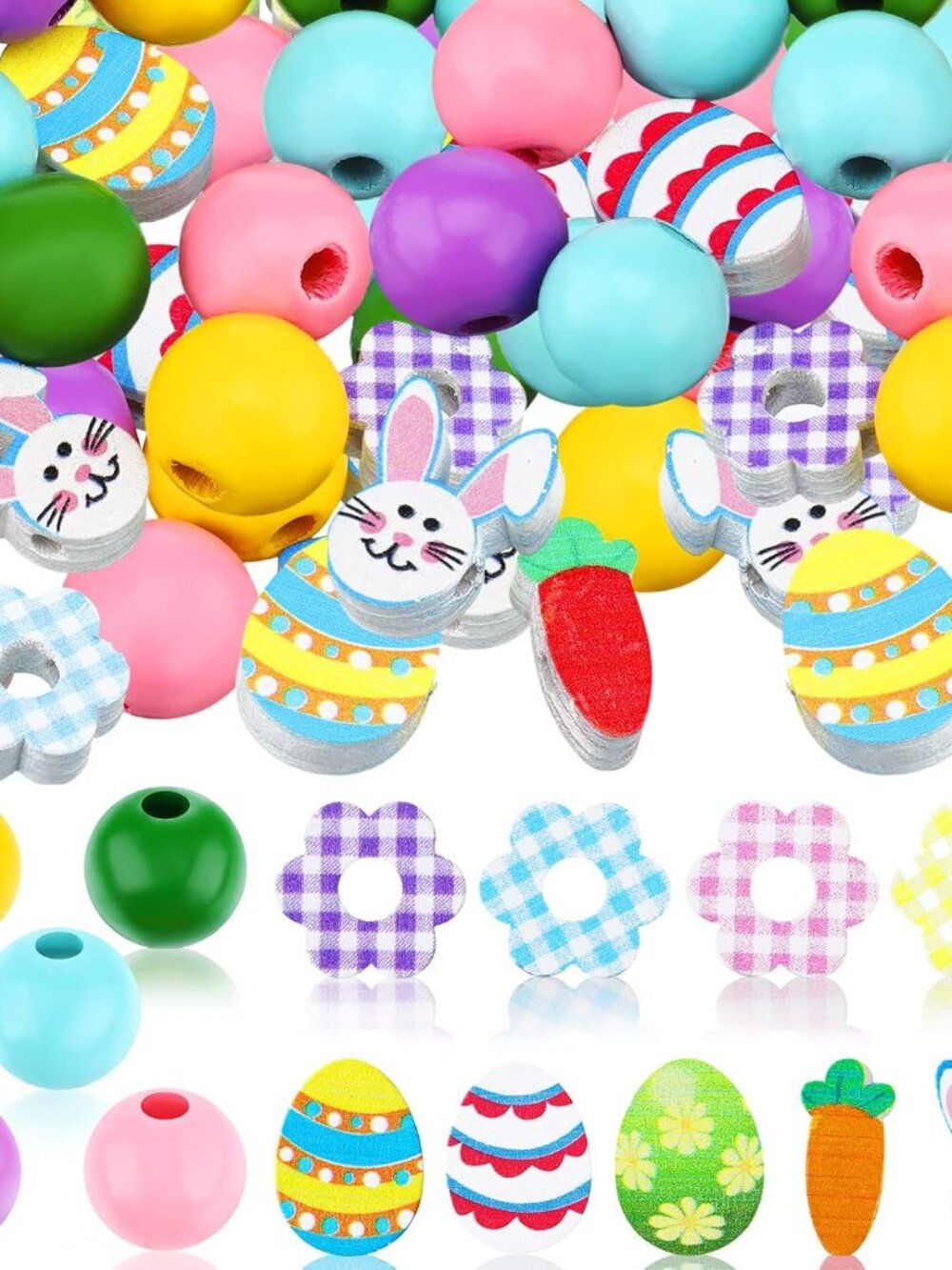 200 Pieces Easter Wood Beads for Craft Colorful Round Craft Bead Rabbits Egg Woo